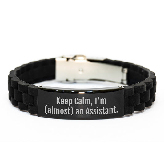 Funny Assistant Gifts from Friends, Keep Calm I'm (almost) An Assistant. Glide lock Clasp Black Stainless Steel Silicone Adjustable Graduation Unique Gifts for Assistant - Image 1