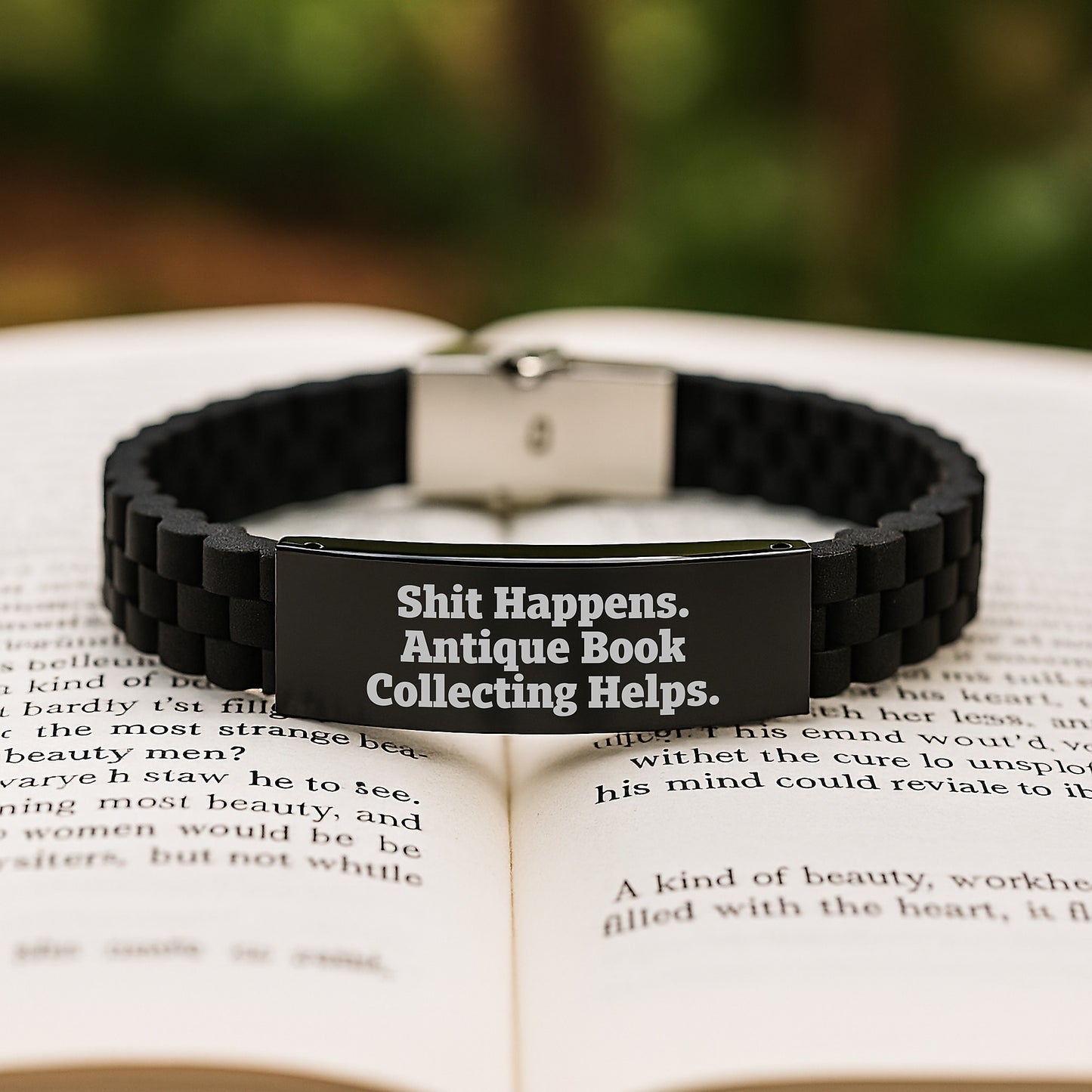 Funny Antique Book Collecting Gifts for Men, Birthday Unique Gifts from Friends, Glide lock Clasp Bracelet with Silver Black Stainless Steel and Silicone - Image 2