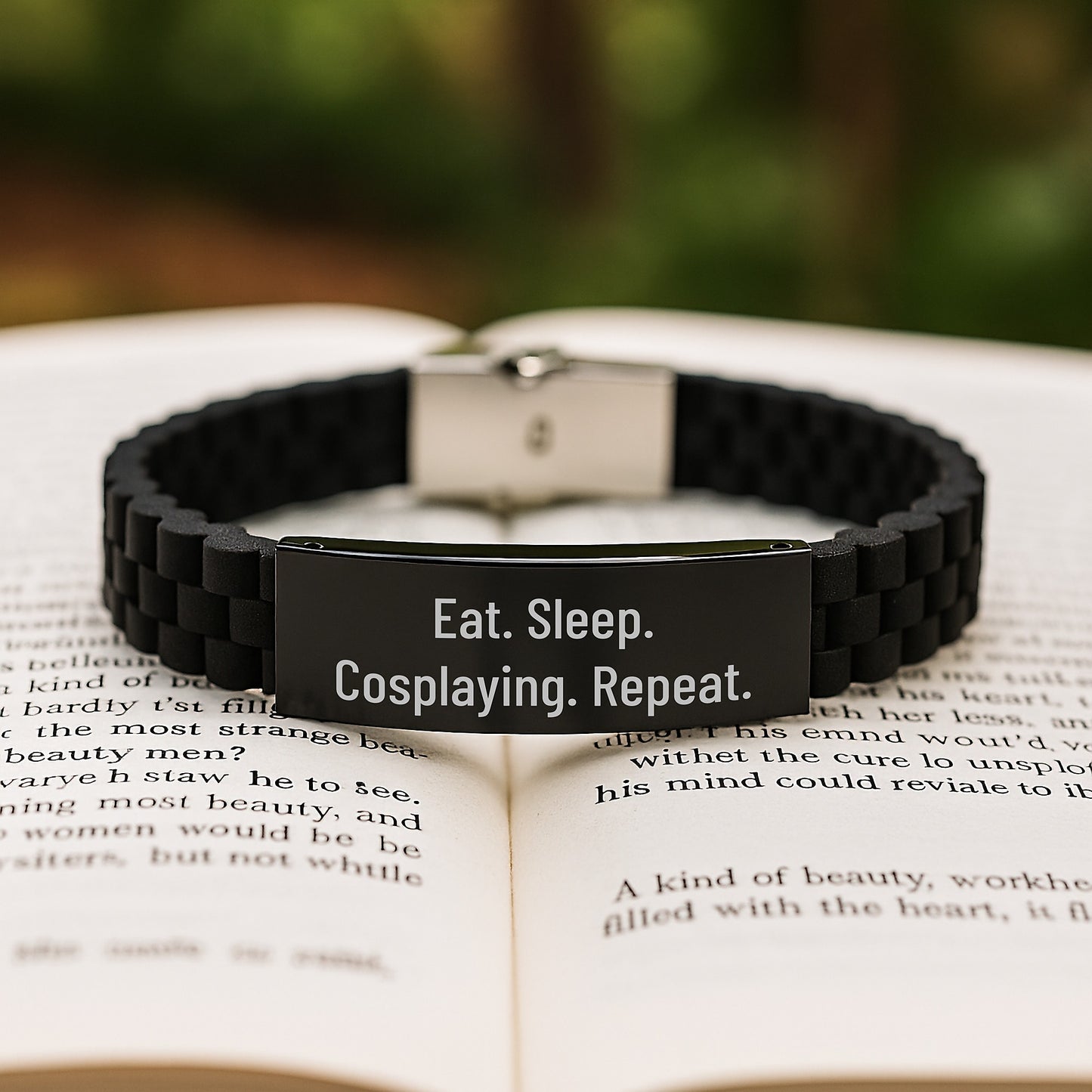Funny Cosplaying Gifts from Friends for Graduation - Eat. Sleep. Cosplaying. Repeat. Glide lock Clasp Bracelet for Men and Women - Image 2