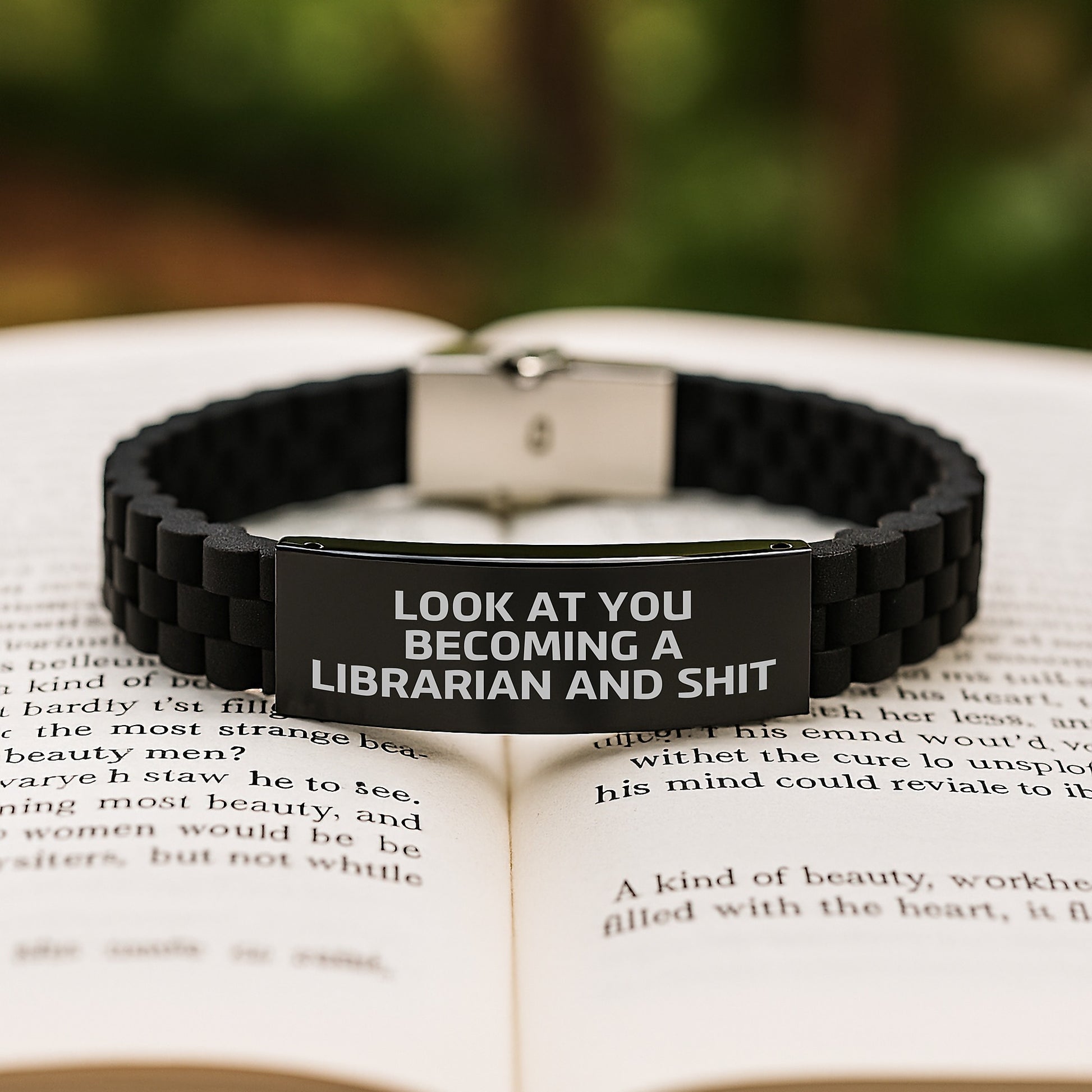 Librarian Gifts from Friends Funny Quote Glide lock Clasp Birthday Unique, Gifts for Librarian Men Women Friends Coworkers Family, Adjustable Black Stainless Steel Silicone - Image 2