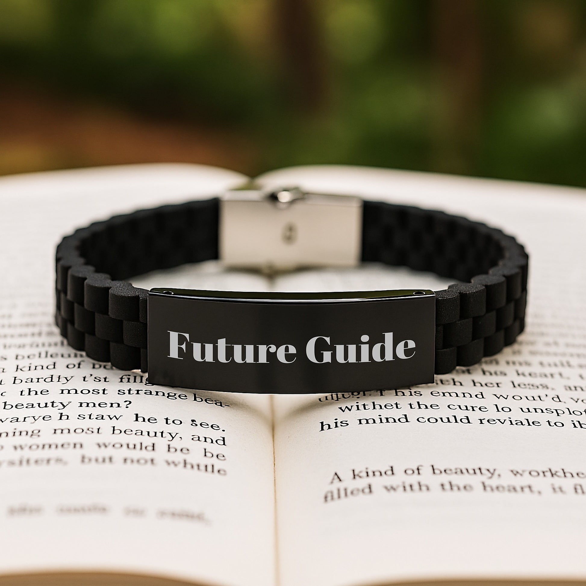 Guide to Future Success Inspirational Glide lock Clasp Bracelet, Gifts from Men for Guide Graduation, Inspirational Quote, Black Stainless Steel and Silicone, Adjustable, Premium Bag - Image 2
