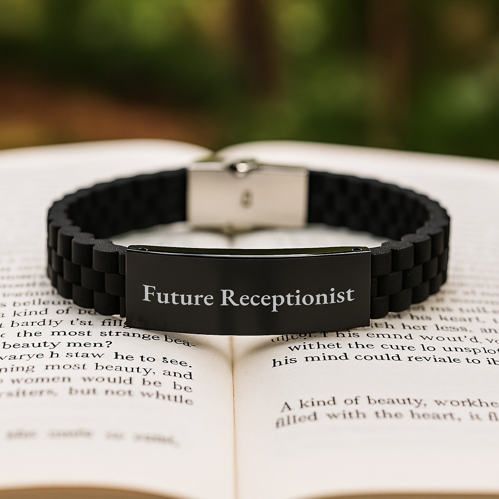 Funny Quote Future Receptionist Gifts for Receptionist Women Glide lock Clasp Bracelet from Friends, Christmas Unique Gifts for Coworkers, Adjustable Black Stainless Steel Bracelet - Image 2
