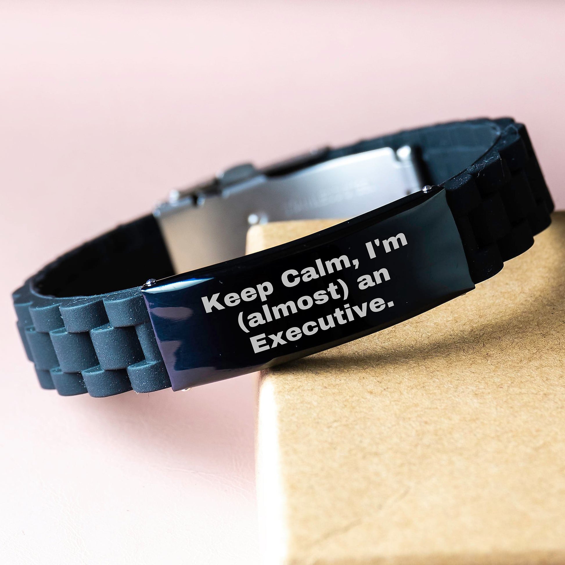Funny Executive Gifts from Friends: Keep Calm I'm (almost) An Executive. Glide lock Clasp Black Stainless Steel Silicone Adjustable Graduation Unique Gifts for Executive Men - Image 3