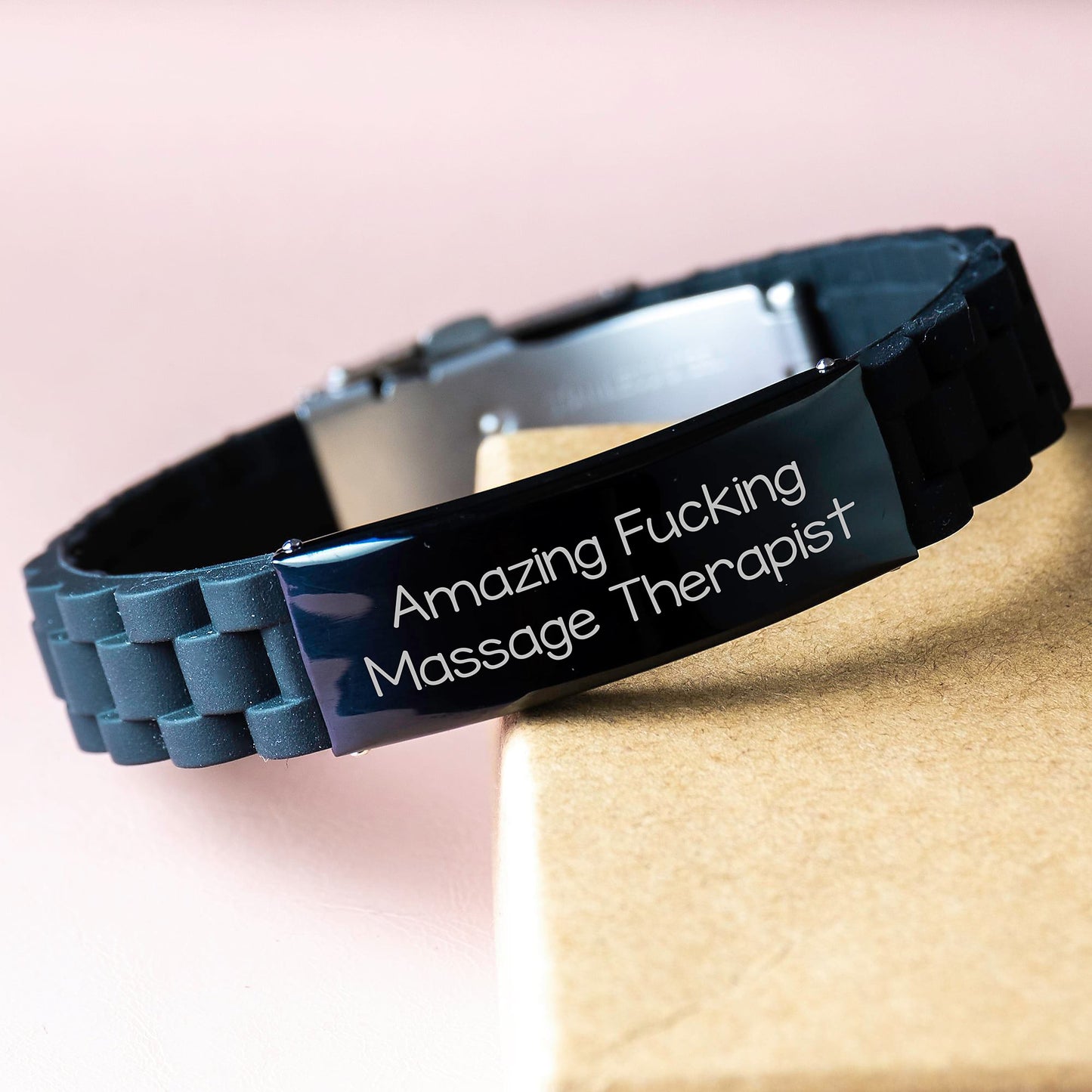 Massage Therapist Gift Ideas, Funny Quote Glide lock Clasp Bracelet, Christmas Unique Gifts from Friends, Adjustable Silver Black Stainless Steel Silicone Jewelry - Image 3