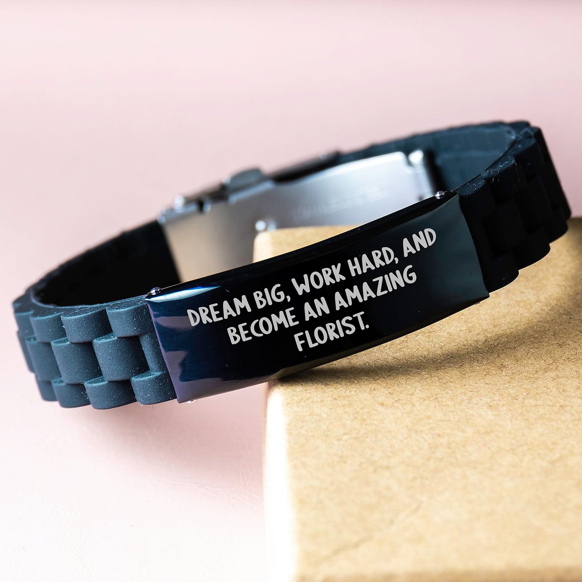 Florist Gifts from Friends for Amazing Florist, Glide lock Clasp Birthday Jewelry, Dream Big Work Hard Quote, Adjustable Silver Black Stainless Steel Silicone - Image 3