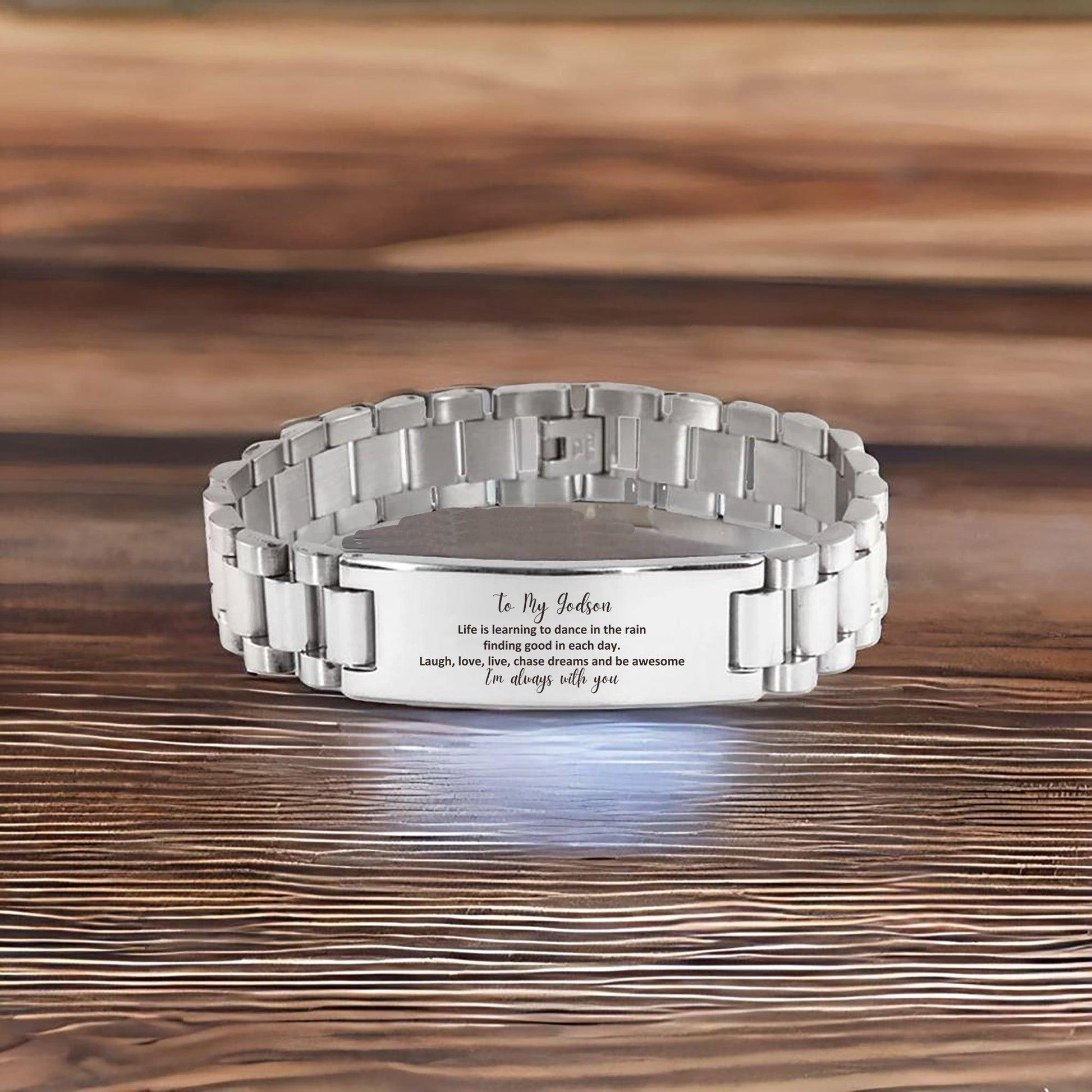 Godson Ladder Stainless Steel Engraved Bracelet, Motivational Christmas, Birthday Gifts - Life is learning to dance in the rain, finding good in each day. I'm always with you - Mallard Moon Gift Shop
