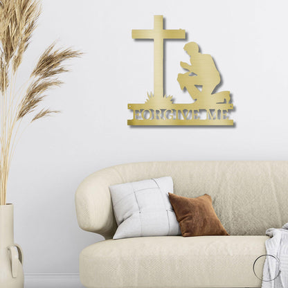 Praying Man Kneeling at Cross Spiritual Metal Art Wall Sign - Mallard Moon Gift Shop