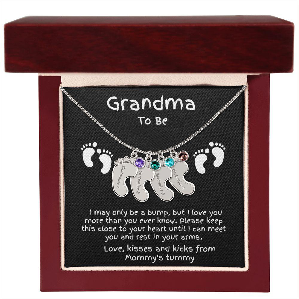 Grandma to Be Baby Feet Engraved Birthstone Charm Necklace - Mallard Moon Gift Shop