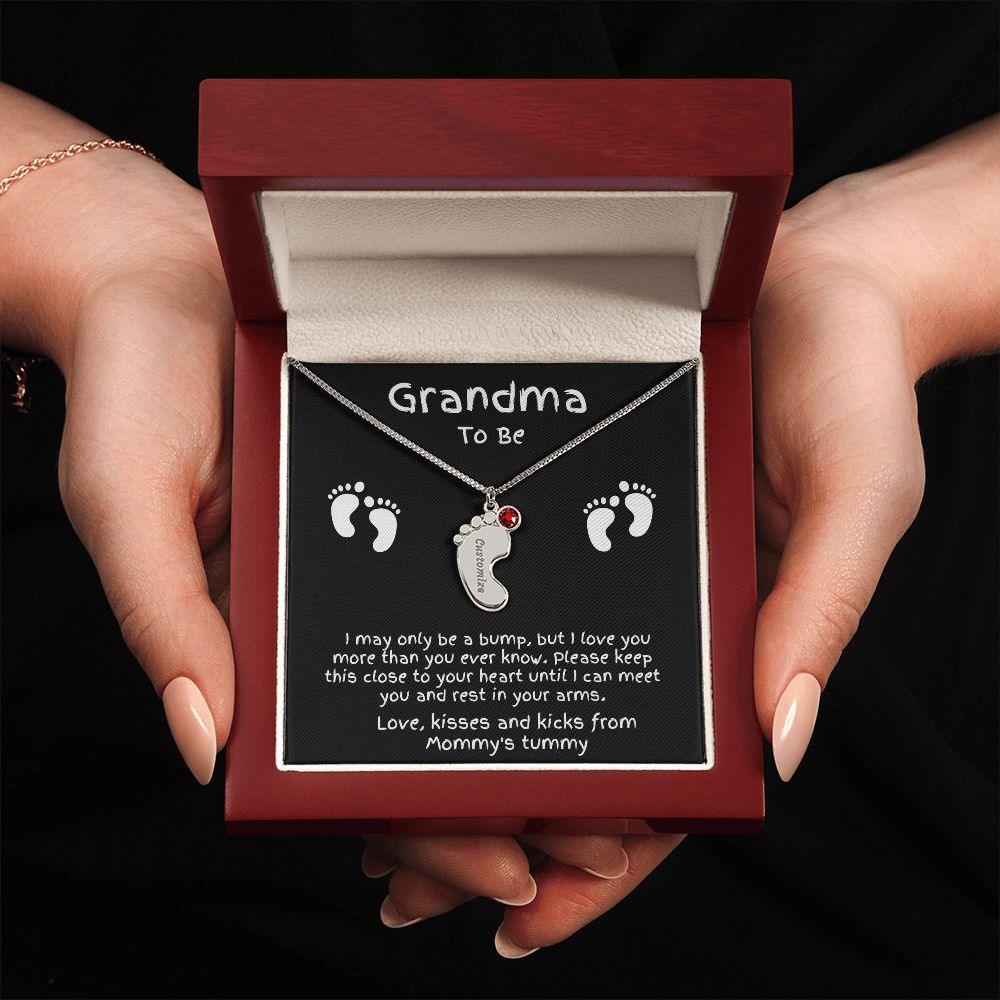 Grandma to Be Baby Feet Engraved Birthstone Charm Necklace - Mallard Moon Gift Shop