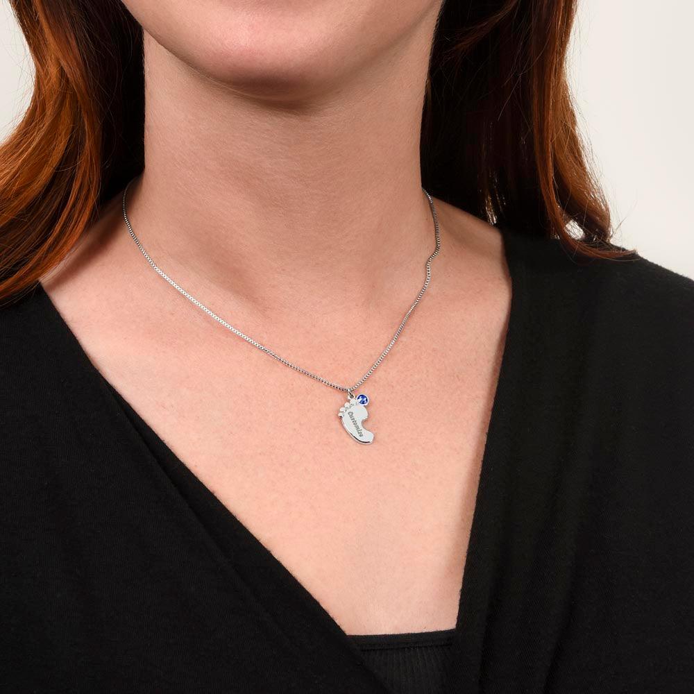 Grandma to Be Baby Feet Engraved Birthstone Charm Necklace - Mallard Moon Gift Shop