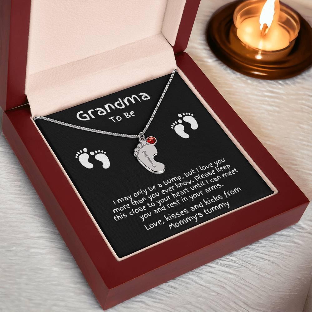 Grandma to Be Baby Feet Engraved Birthstone Charm Necklace - Mallard Moon Gift Shop