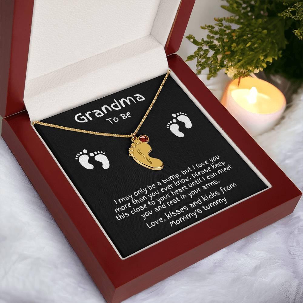 Grandma to Be Baby Feet Engraved Birthstone Charm Necklace - Mallard Moon Gift Shop
