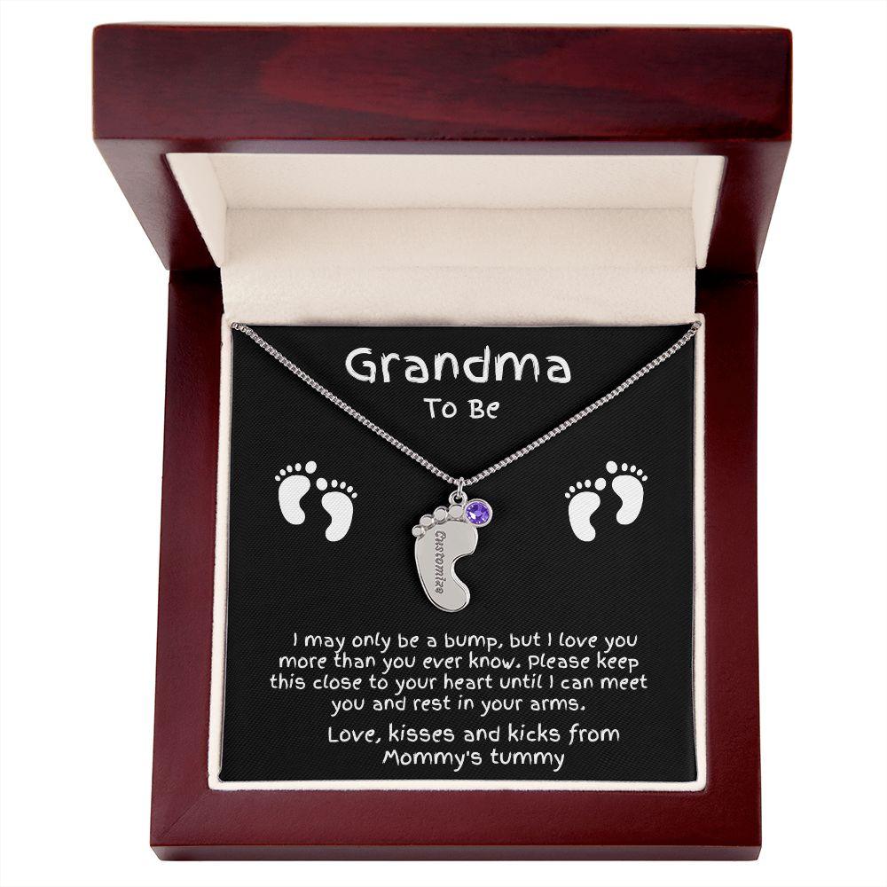 Grandma to Be Baby Feet Engraved Birthstone Charm Necklace - Mallard Moon Gift Shop