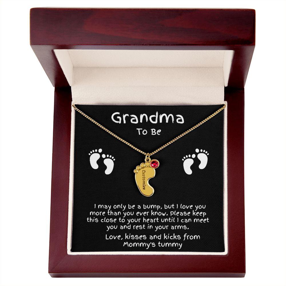 Grandma to Be Baby Feet Engraved Birthstone Charm Necklace - Mallard Moon Gift Shop