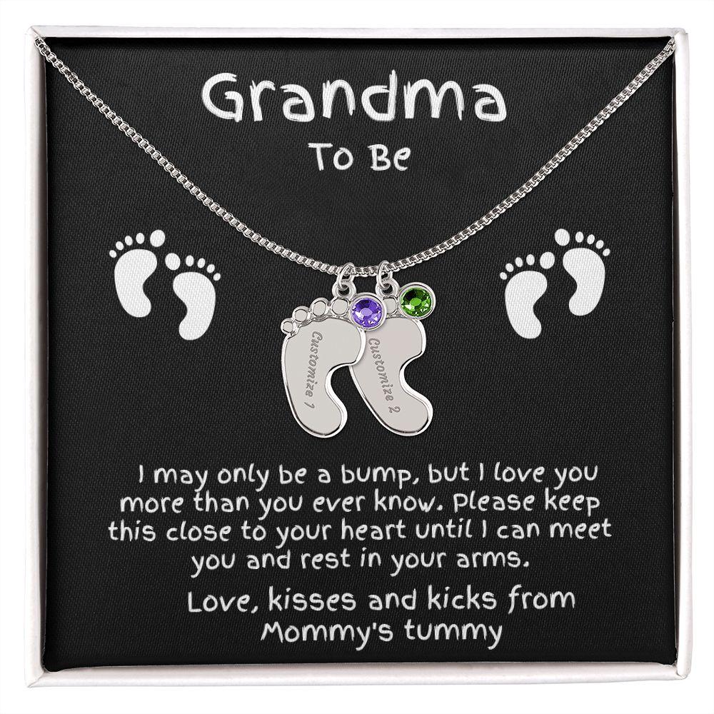 Grandma to Be Baby Feet Engraved Birthstone Charm Necklace - Mallard Moon Gift Shop