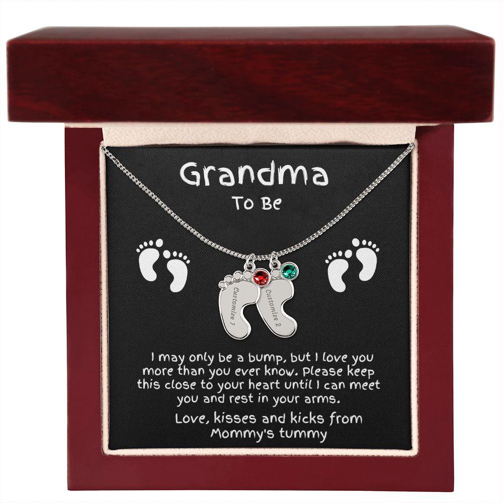 Grandma to Be Baby Feet Engraved Birthstone Charm Necklace - Mallard Moon Gift Shop