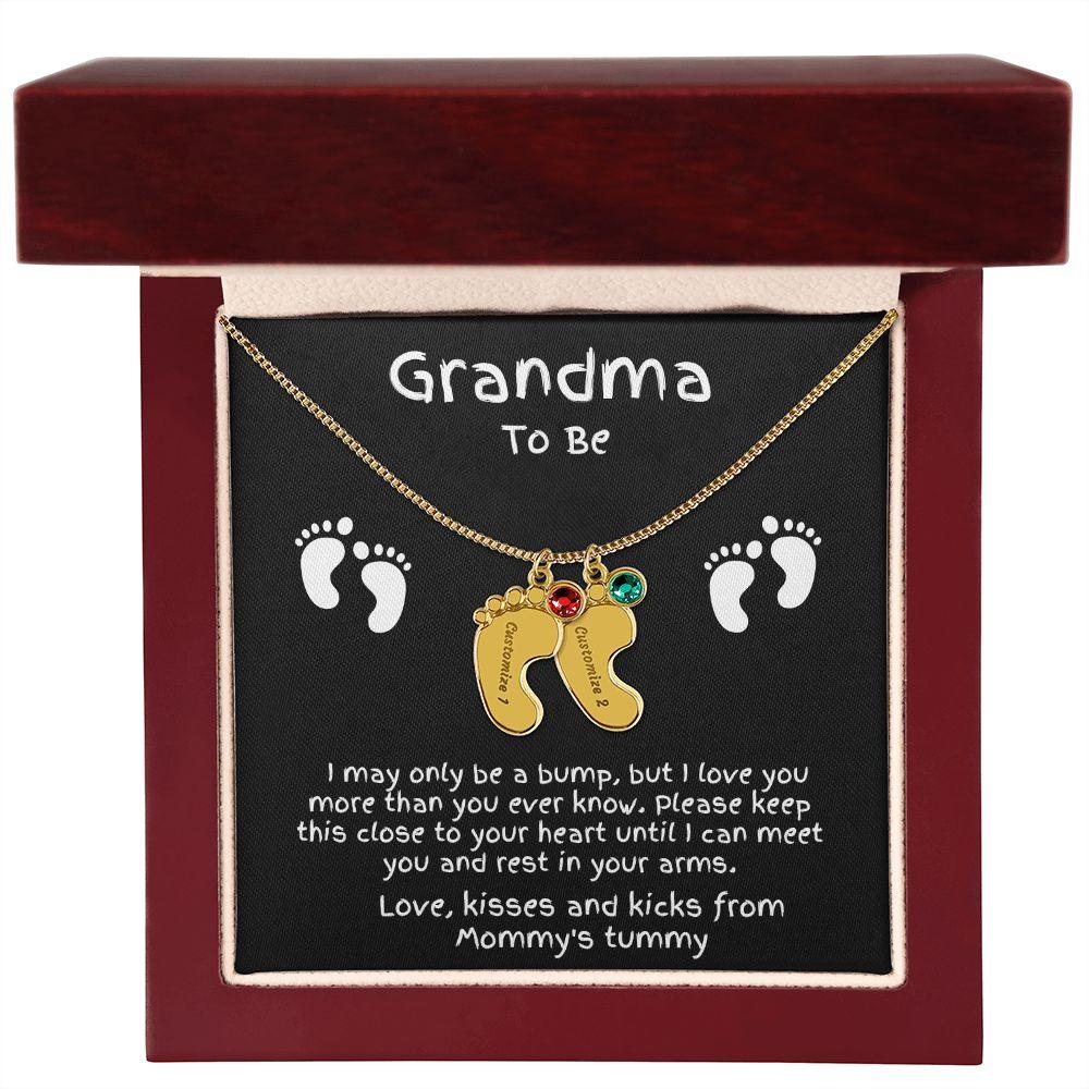 Grandma to Be Baby Feet Engraved Birthstone Charm Necklace - Mallard Moon Gift Shop