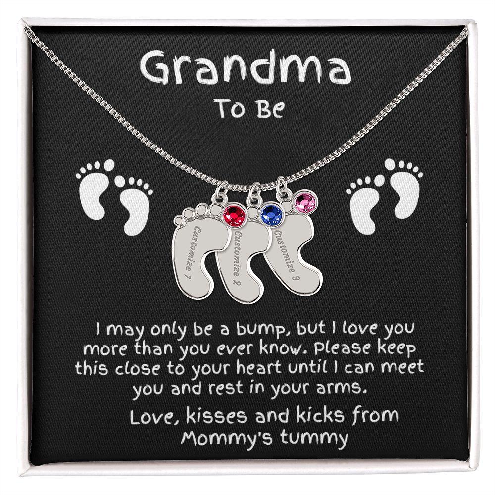 Grandma to Be Baby Feet Engraved Birthstone Charm Necklace - Mallard Moon Gift Shop