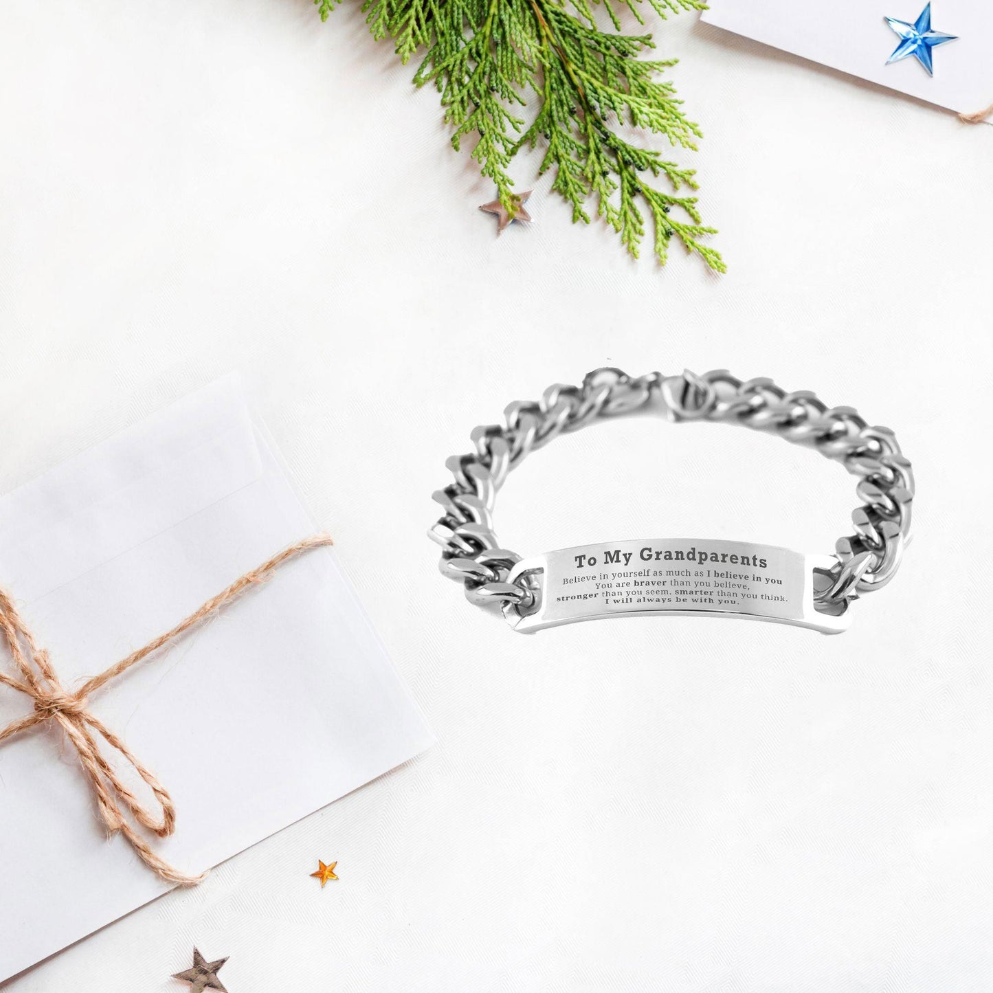 Grandparents Cuban Chain Stainless Steel Engraved Bracelet - You are braver than you believe, stronger than you seem, Inspirational Birthday, Christmas Gifts - Mallard Moon Gift Shop