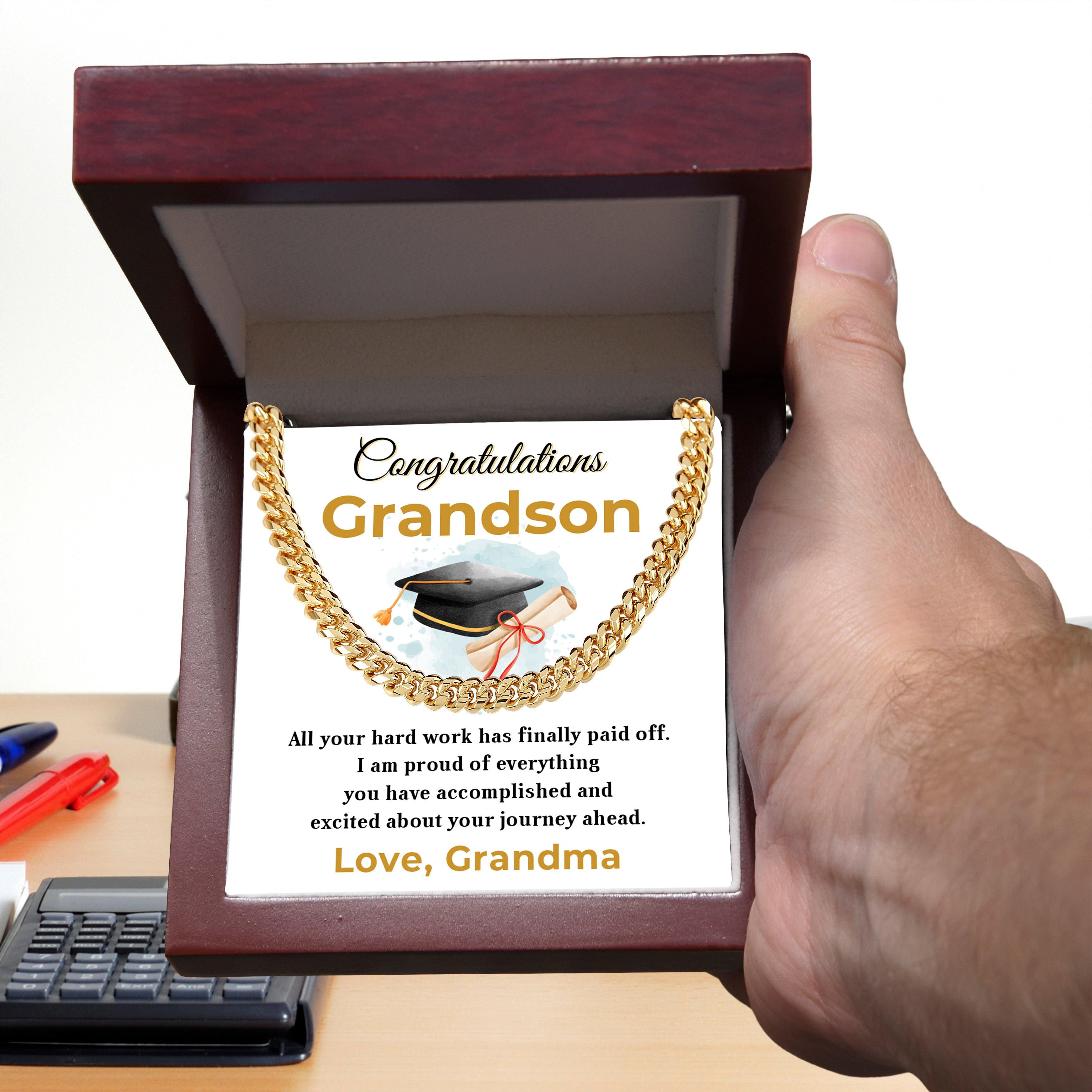 Grandson Graduation Gift - All Your Hard Work Has Paid Off - Personalized Cuban Chain Link Necklace with Message Card and Gift Box - Mallard Moon Gift Shop