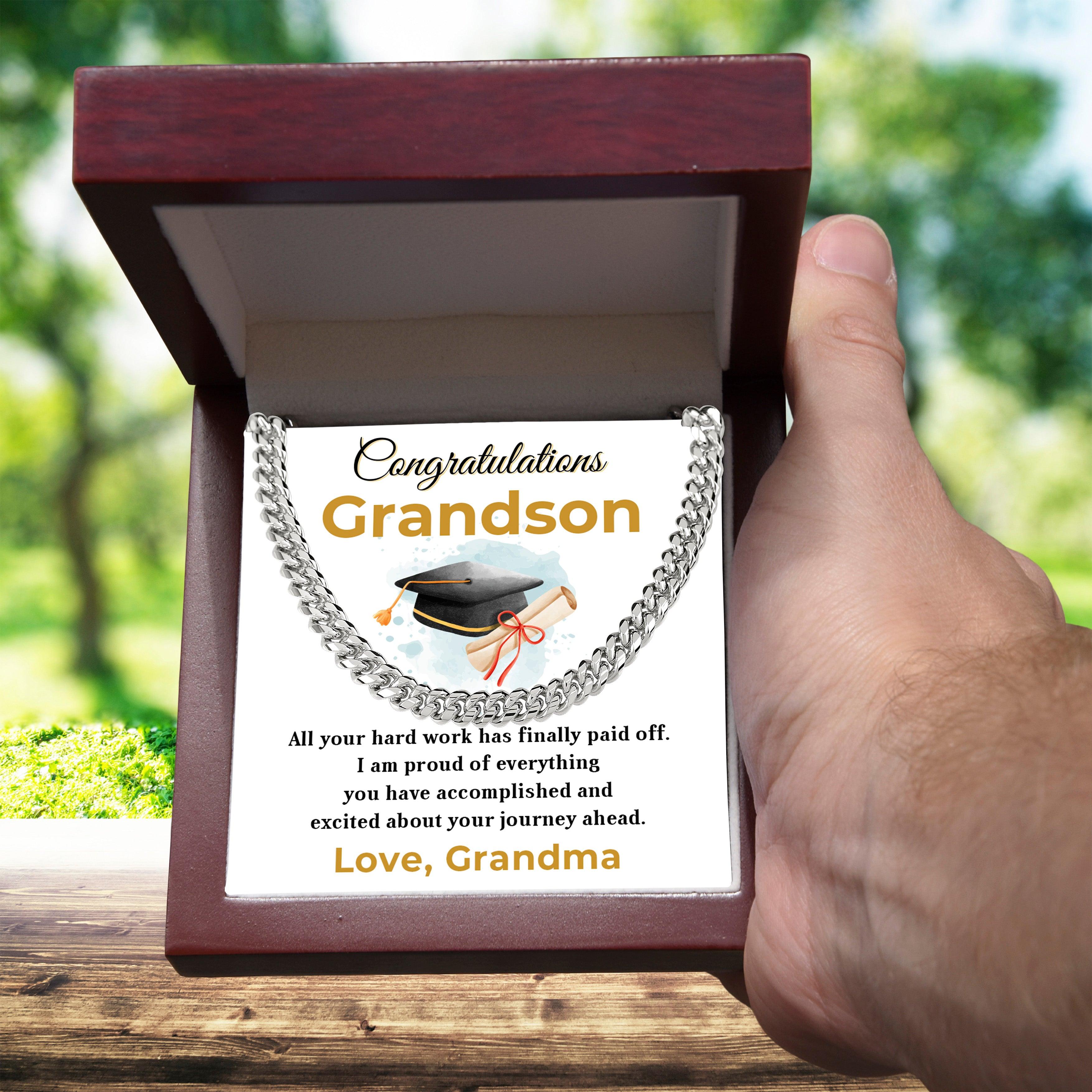 Grandson Graduation Gift - All Your Hard Work Has Paid Off - Personalized Cuban Chain Link Necklace with Message Card and Gift Box - Mallard Moon Gift Shop