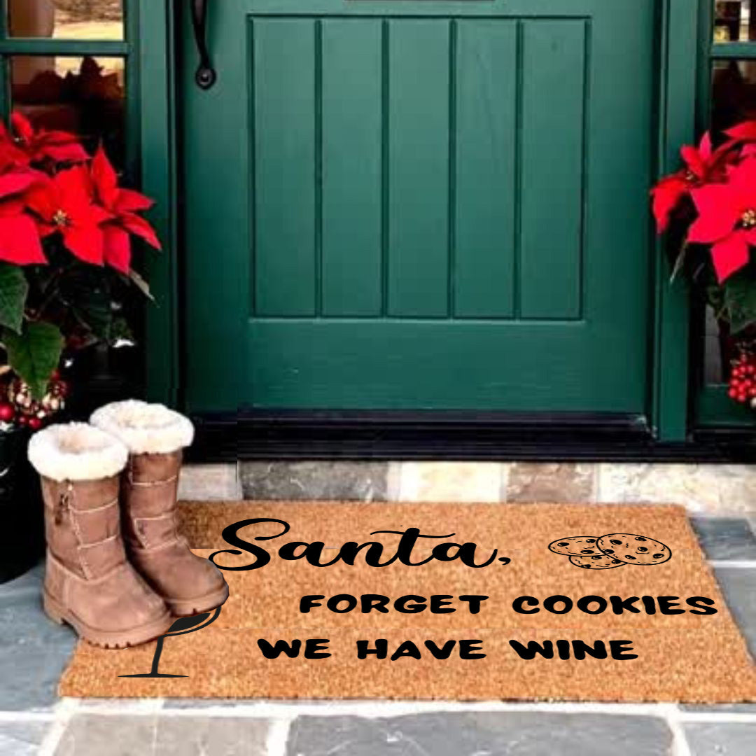 Santa Forget Cookies We Have Wine Funny Christmas Doormat – Holiday Front Porch Welcome Mat, Rustic Coir Entry Rug for Wine Lovers - Mallard Moon
