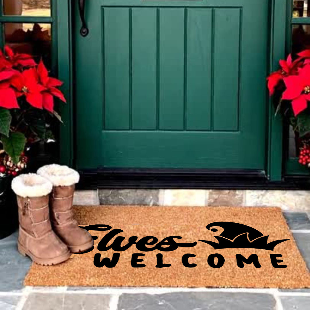 Elves Welcome Christmas Doormat | Whimsical Holiday Coir Welcome Mat with Elf Hat Design | Fun Family Front Porch Décor - Mallard Moon