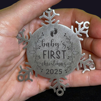Baby's First Christmas Laser Etched Stainless Steel Snowflake Christmas Tree Ornament - Mallard Moon