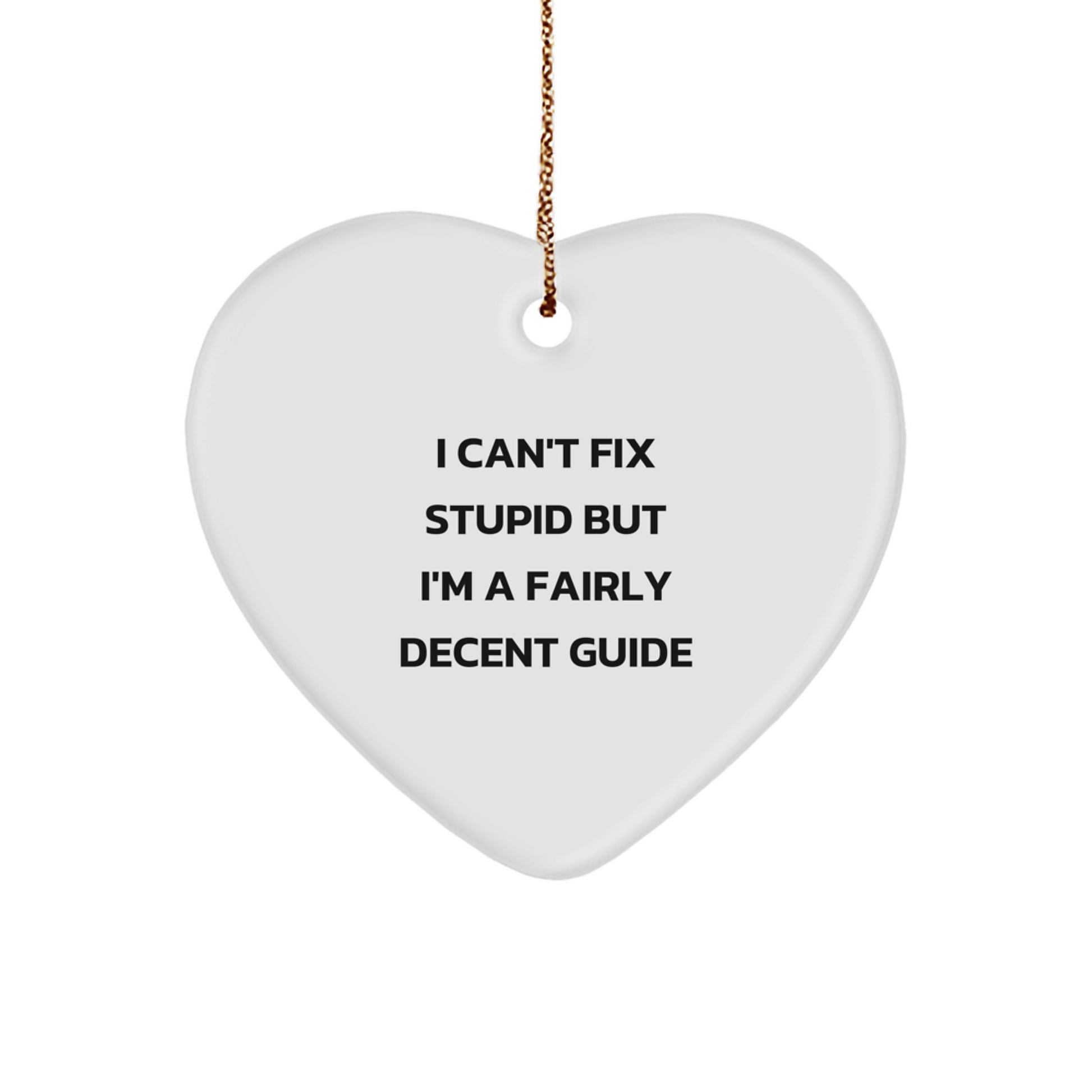 Funny Guide Gifts for Guide Lovers - Heart Ornament with I Can't Fix Stupid But I'm A Fairly Decent Guide Quote, Christmas Unique Gifts from Friends - Image 1