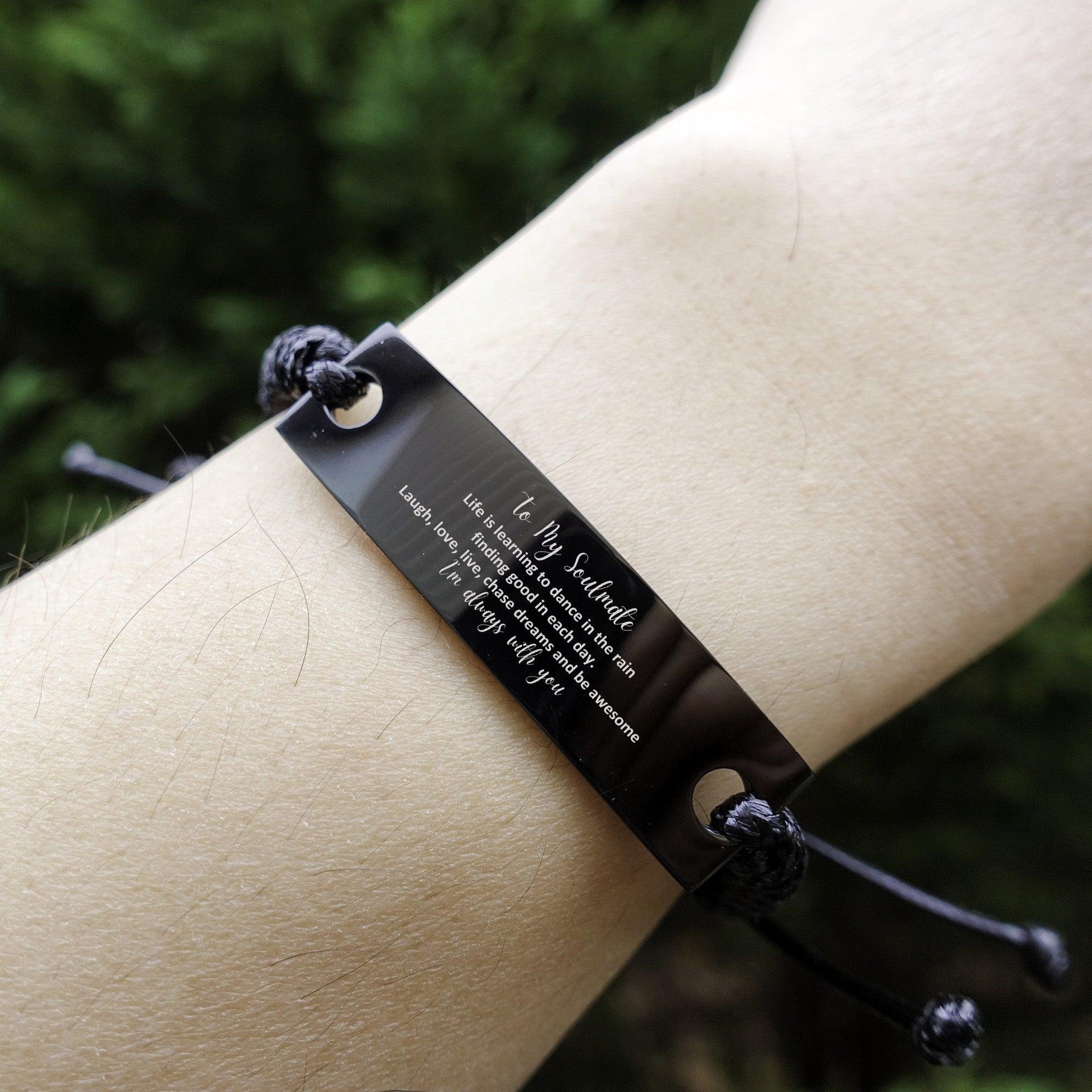 Heartfelt Soulmate Engraved Black Leather Rope Bracelet - Life is Learning to Dance in the Rain, I'm always with you- Birthday, Christmas Holiday Gifts - Mallard Moon Gift Shop