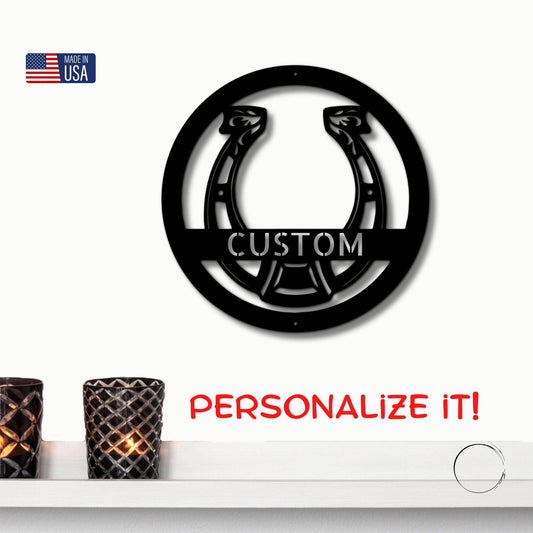 Horseshoe Monogram Personalized Indoor Outdoor Steel Wall Sign Art - Mallard Moon Gift Shop