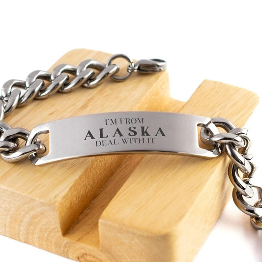 I'm from Alaska, Deal with it, Proud Alaska State Gifts, Alaska Cuban Chain Stainless Steel Bracelet Gift Idea, Christmas Gifts for Alaska People, Coworkers, Colleague - Mallard Moon Gift Shop