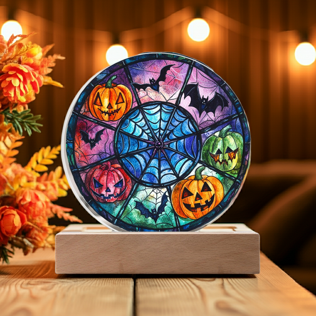 Spooky Halloween Decor Round Acrylic Plaque with Lighted LED Wooden Base - Mallard Moon