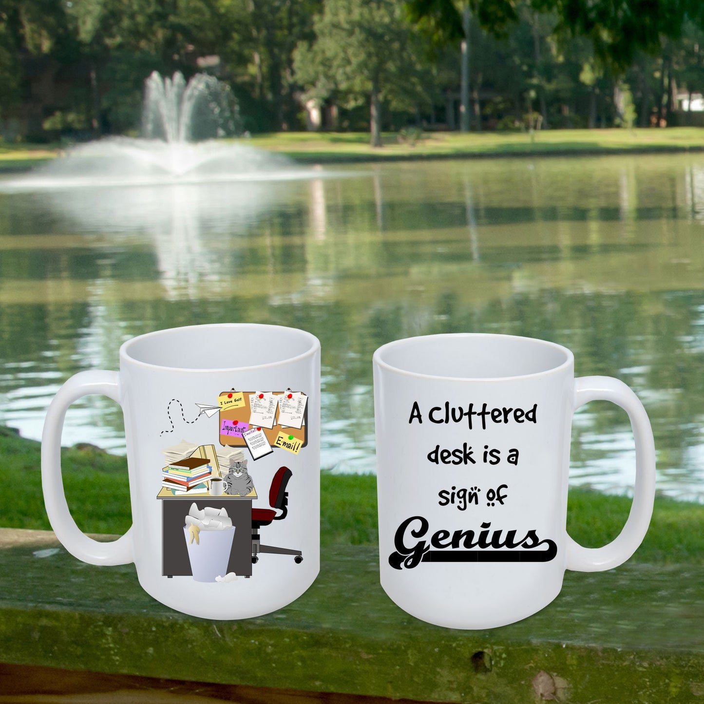 Cluttered office desk golf theme mug - Mallard Moon Gift Shop