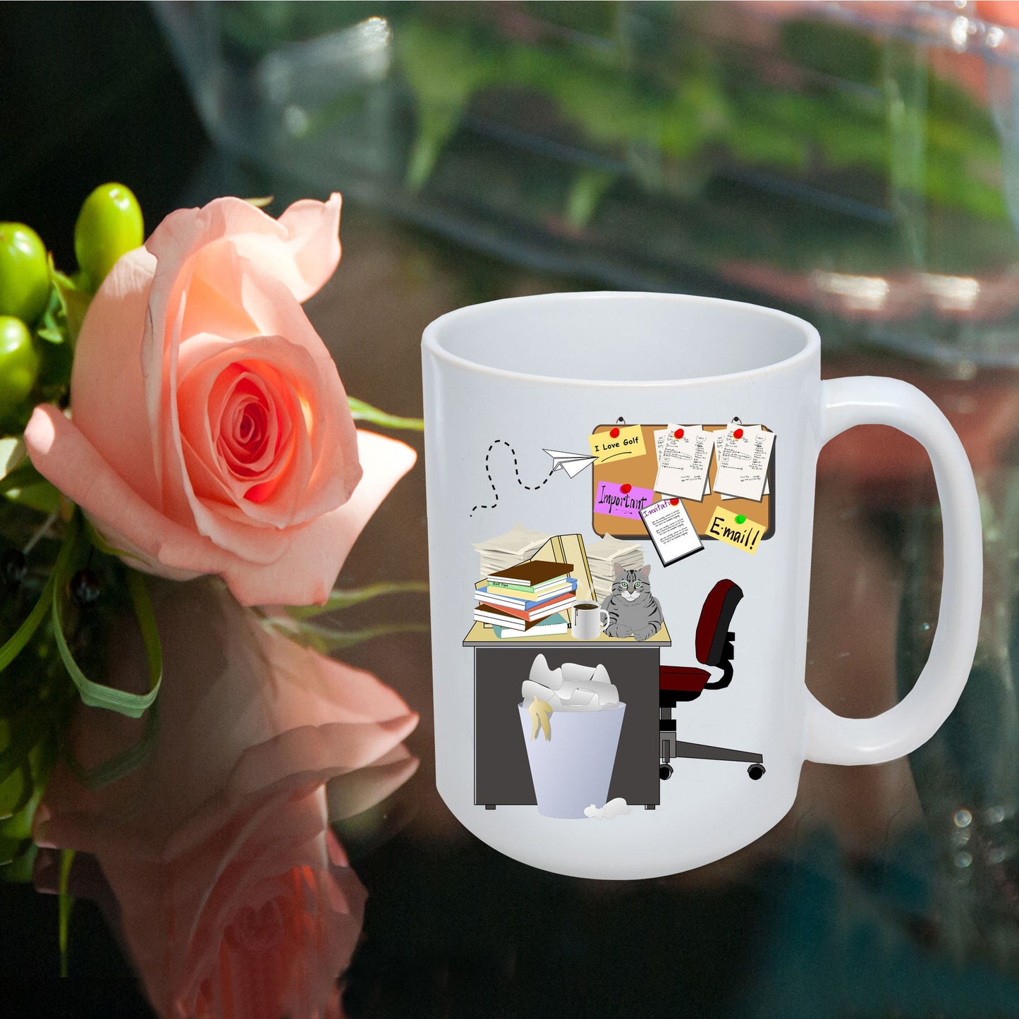 Cluttered office desk golf theme mug - Mallard Moon Gift Shop