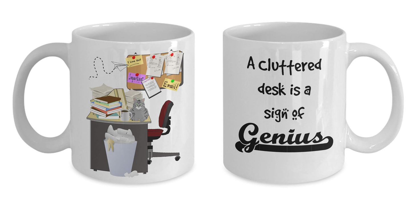 Cluttered office desk golf theme mug - Mallard Moon Gift Shop