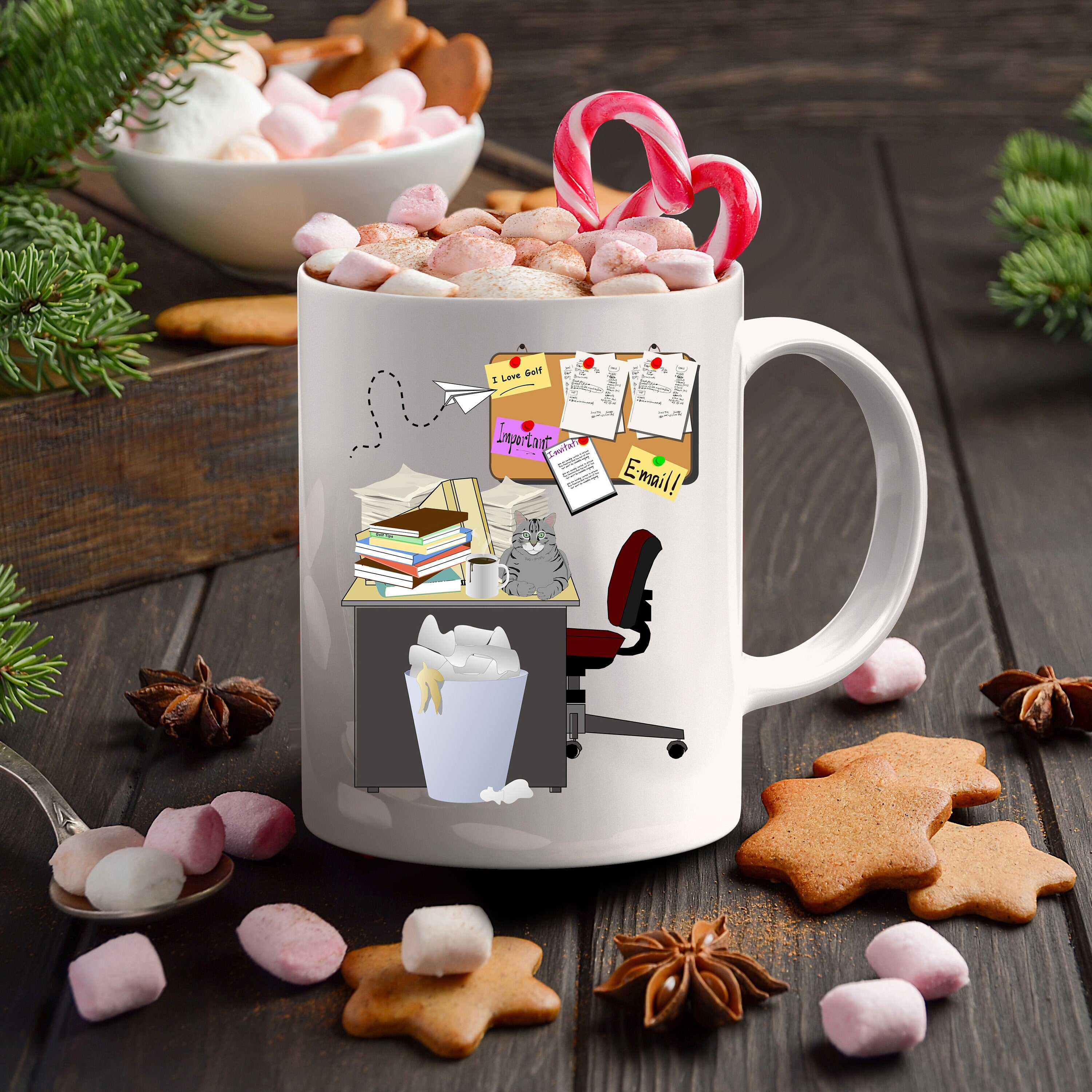 Cluttered office desk golf theme mug - Mallard Moon Gift Shop