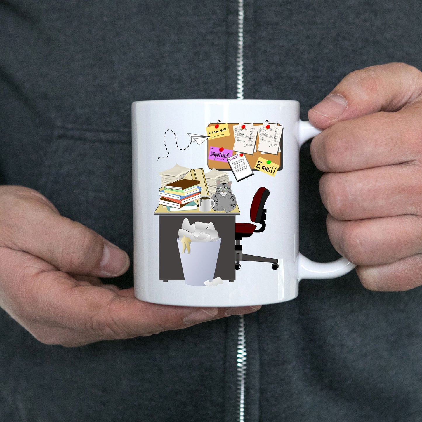 Cluttered office desk golf theme mug - Mallard Moon Gift Shop