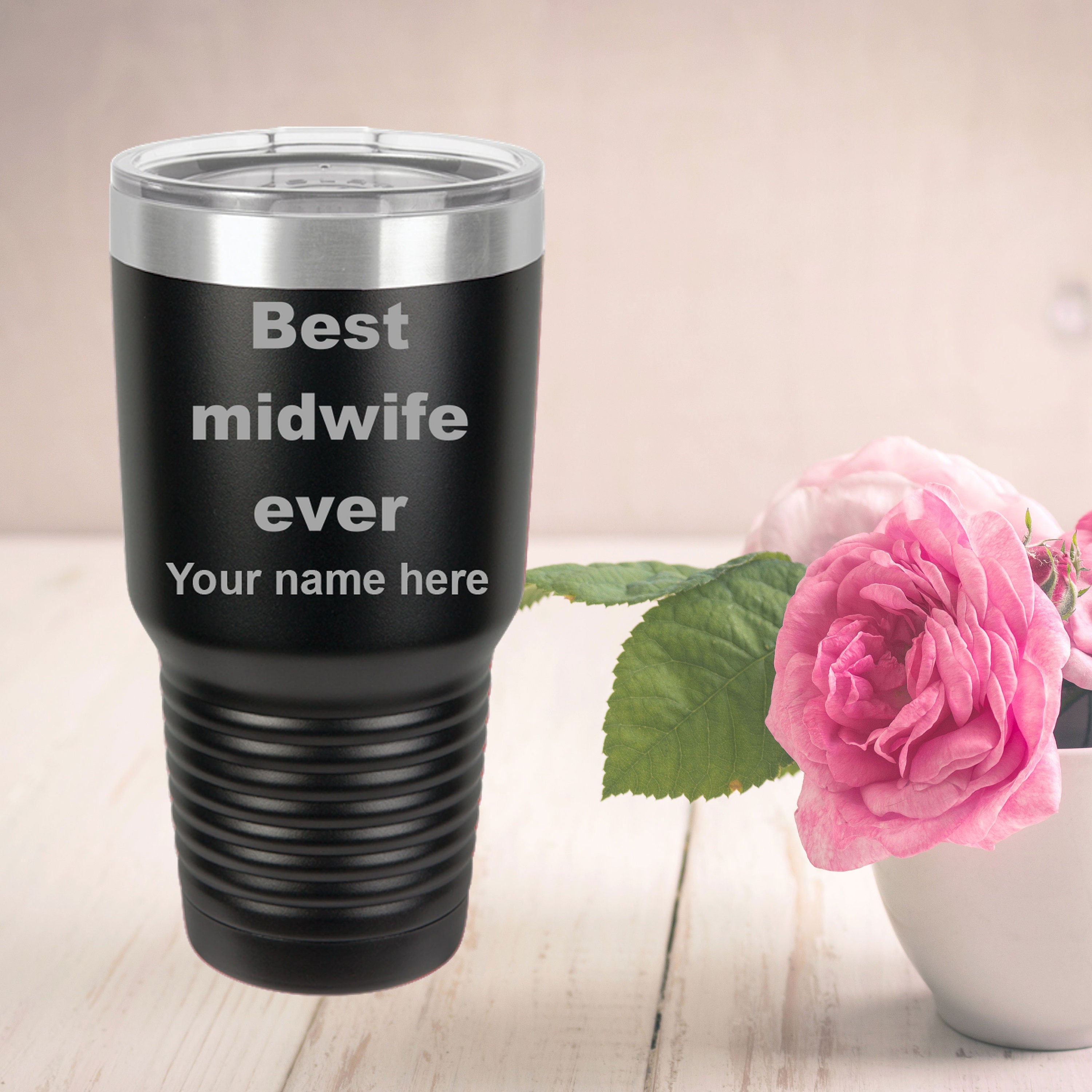 Best Midwife Ever personalized laser etched color Polar Camel 30 oz.  Ringneck Vacuum Insulated Tumbler w/Lid - Mallard Moon Gift Shop