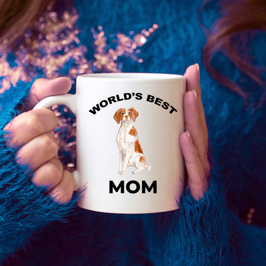Brittany Spaniel Dog Mom Coffee Mug -White, Pink, Red, Navy and Black Two Tone - Mallard Moon Gift Shop