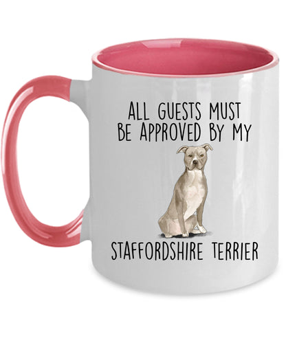 American Staffordshire Terrier - Pit Bull - Funny ceramic coffee mug - All guests must be approved by the Staffordshire Terrier - Mallard Moon Gift Shop