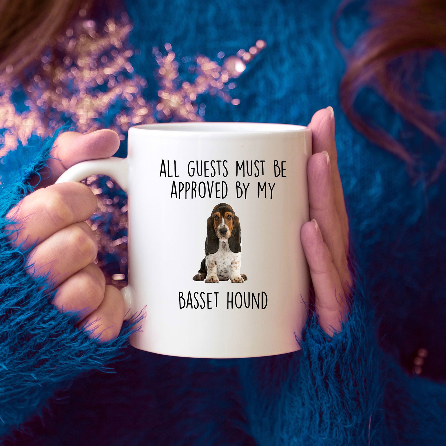 Funny Basset Hound puppy dog custom ceramic coffee mug - guests must be approved - Mallard Moon Gift Shop