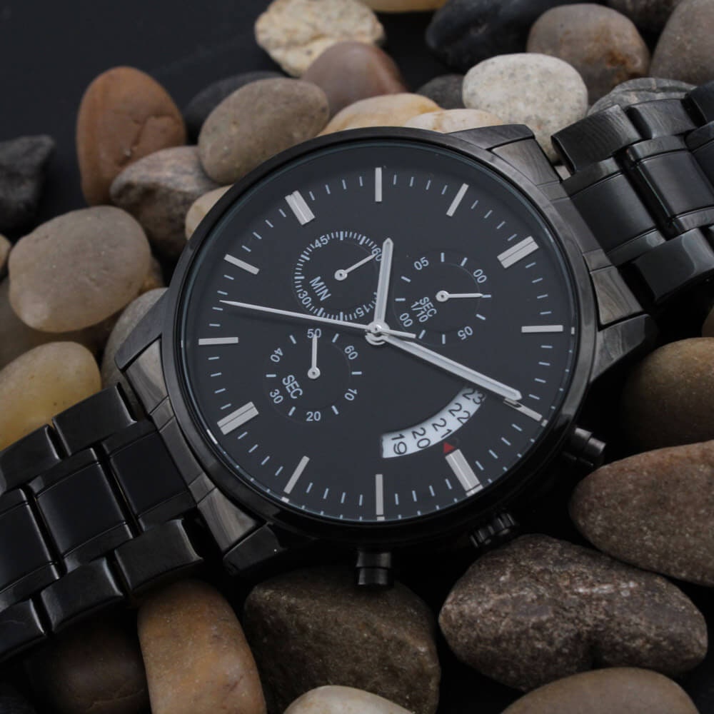 Dad Custom Engraved Black Chronograph Wrist Watch Father's Day Birthday Best Gift - Mallard Moon Gift Shop