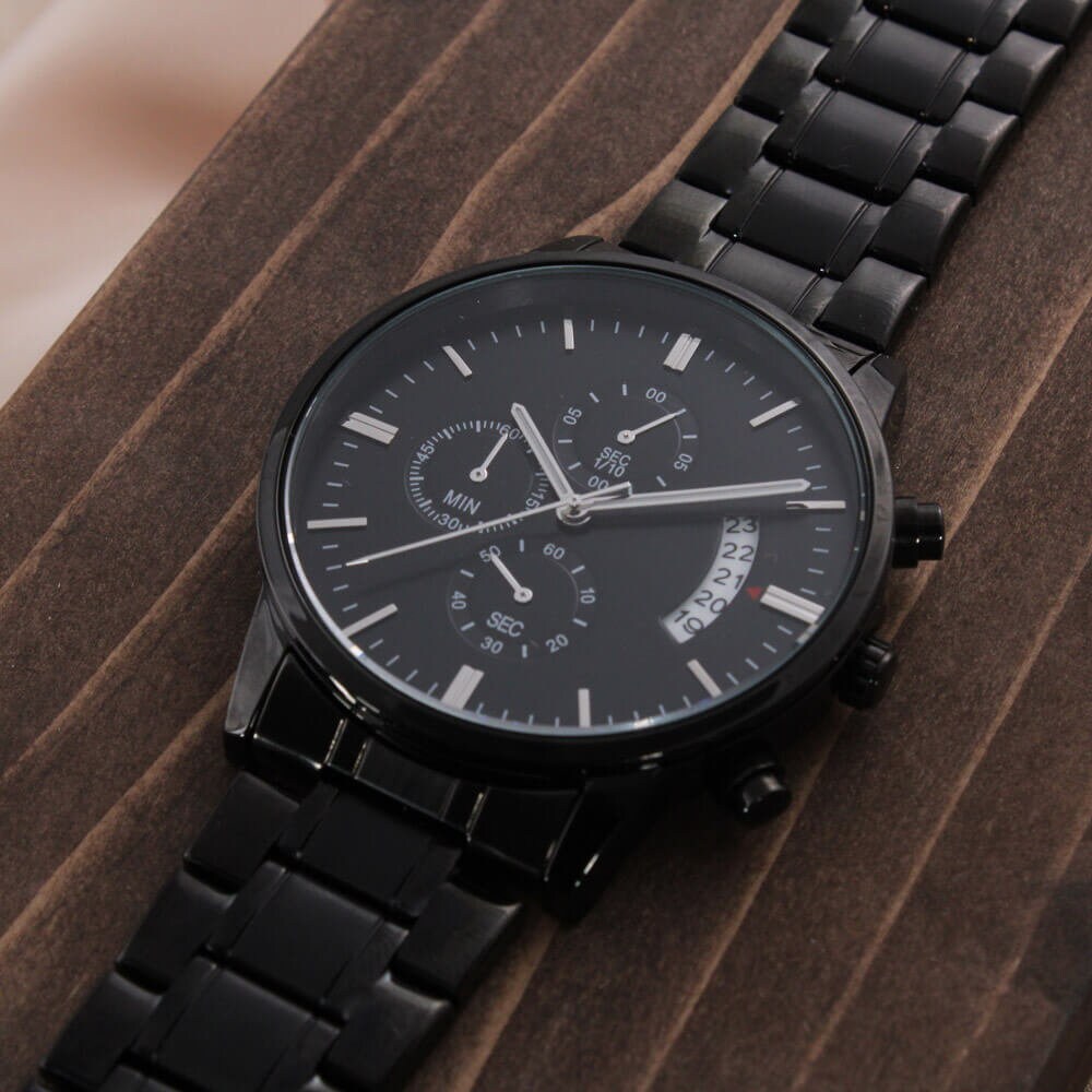 Custom Engraved Black Chronograph Wrist Watch Father's Day Birthday Best Gift for Men Dad Husband Boss Boyfriend - Mallard Moon Gift Shop