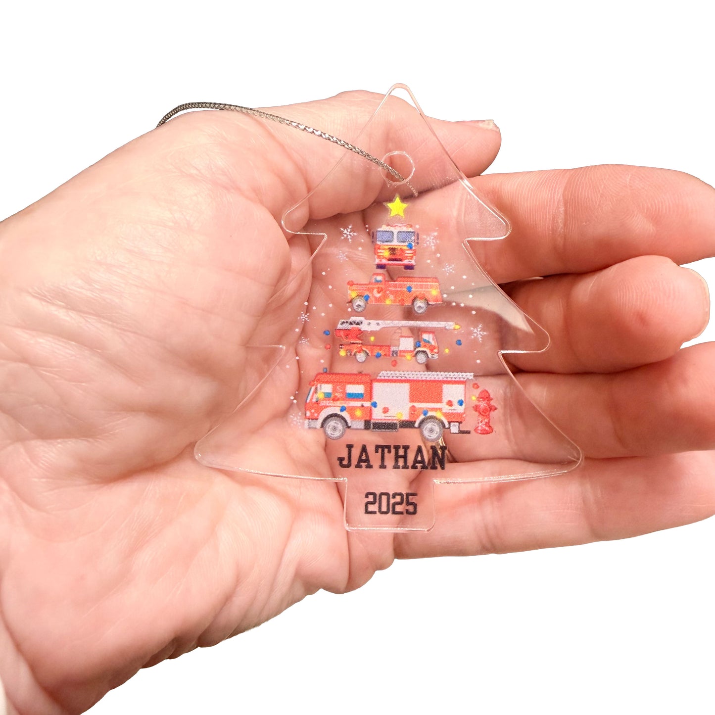 Personalized Firetruck Christmas Tree Ornament – Custom Name Firefighter Holiday Acrylic Keepsake 2025