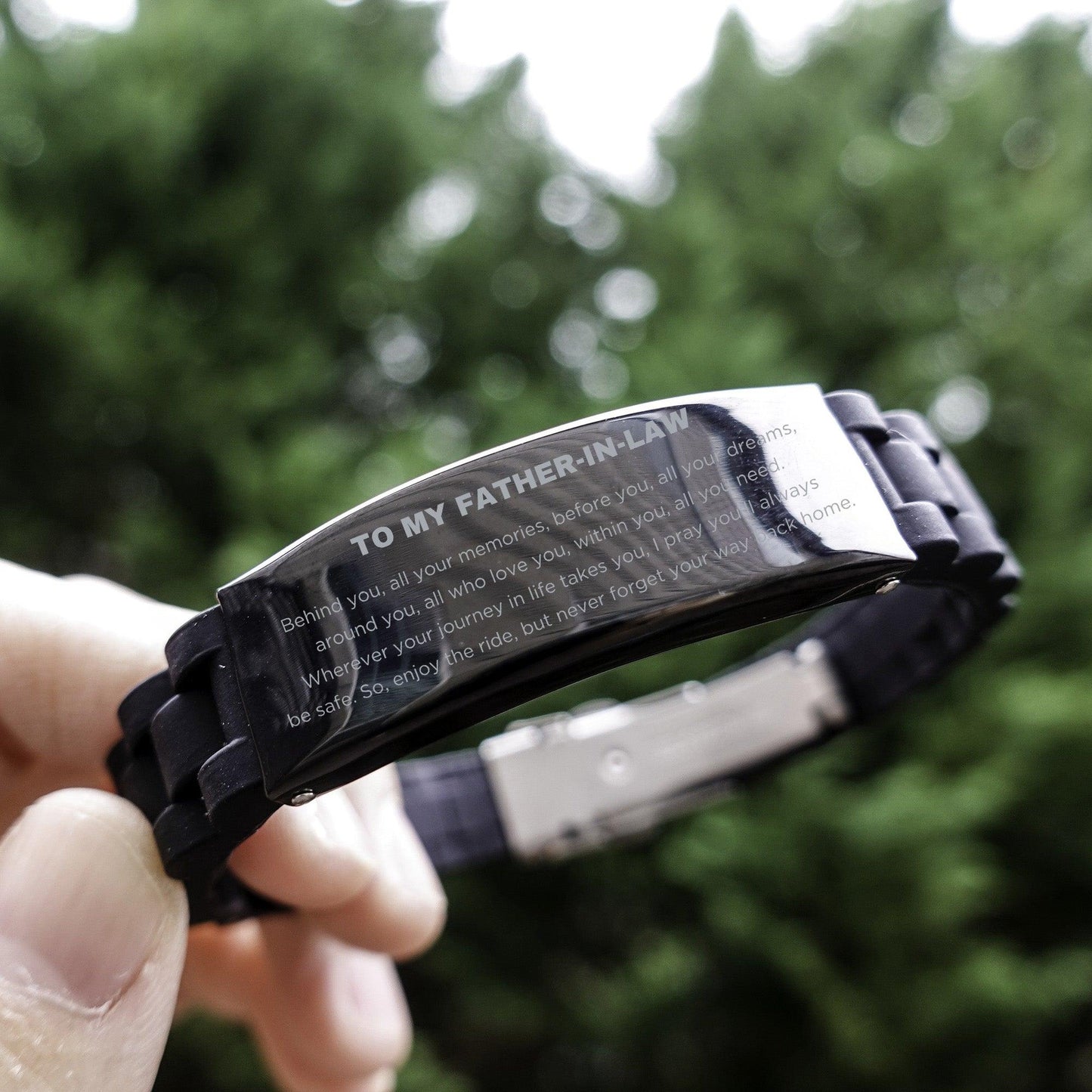 Inspirational Father-In-Law Handmade Engraved Black Glidelock Clasp Bracelet - Behind you, all your Memories, Before you, all your Dreams - Birthday, Christmas Holiday Gifts - Mallard Moon Gift Shop