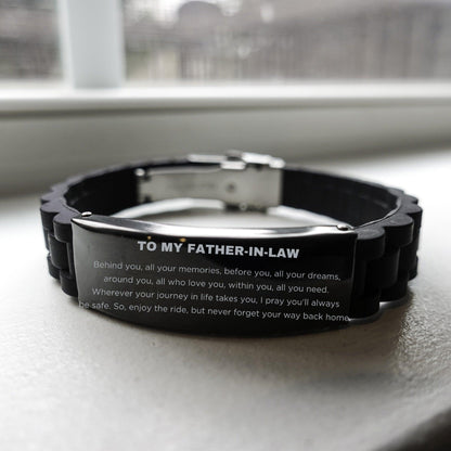 Inspirational Father-In-Law Handmade Engraved Black Glidelock Clasp Bracelet - Behind you, all your Memories, Before you, all your Dreams - Birthday, Christmas Holiday Gifts - Mallard Moon Gift Shop