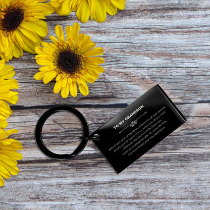 Inspirational Grandson Black Engraved Keychain - Behind you, all your Memories, Before you, all your Dreams - Birthday, Christmas Holiday Gifts - Mallard Moon Gift Shop
