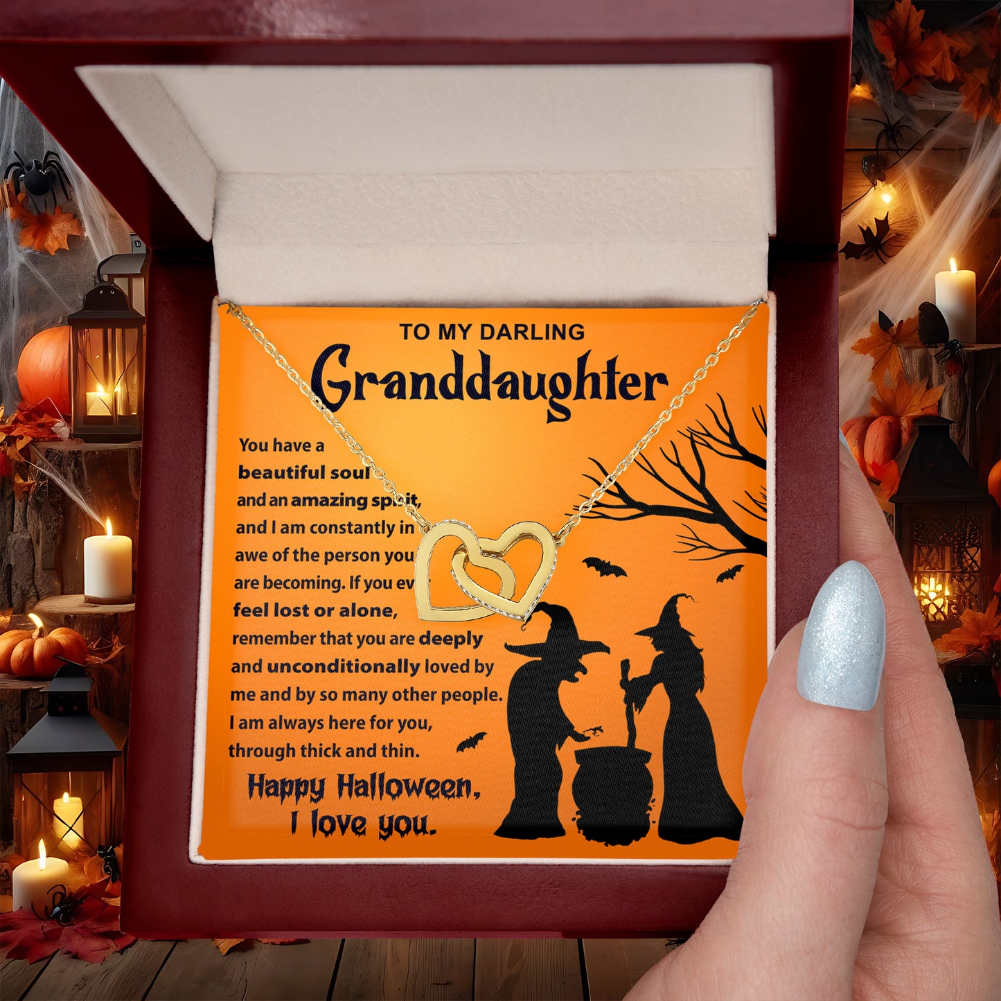 Granddaughter - Amazing Spirit Halloween Interlocking Hearts Pendant Necklace - Mallard Moon