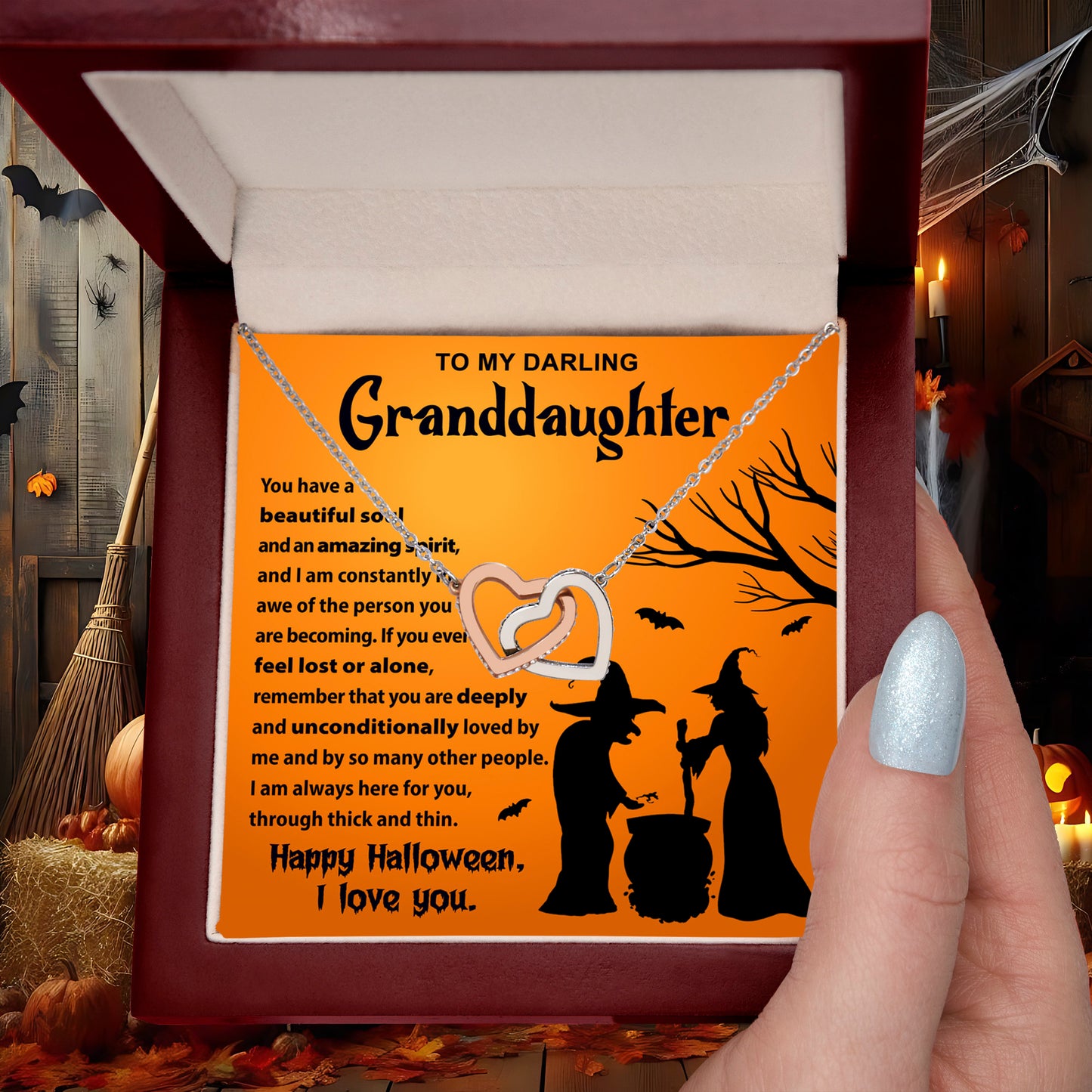 Granddaughter - Amazing Spirit Halloween Interlocking Hearts Pendant Necklace - Mallard Moon